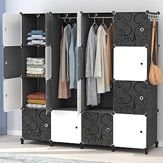 Portable Wardrobe 16 Cube Foldable Closet w/ 3 Clothes Hanging Rails, Deeper Cube Modular Cabinet Storage Organizer ShelfBedroom Clothes Shoes Toys, Flower Pattern, Black
