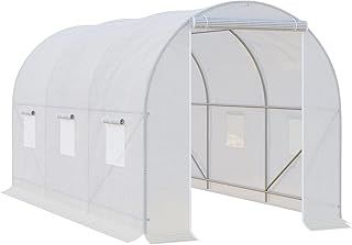 Outsunny 3.5 x 2 x 2 m Polytunnel Greenhouse, Walk-in Green House for Garden with Mesh Windows, Galvanised Steel Frame, White