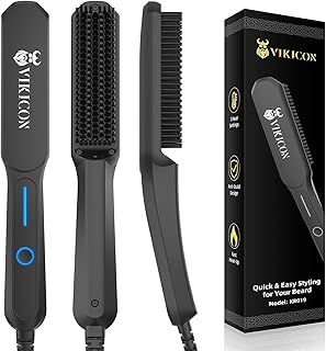 VIKICON Beard Straightener Comb for Men, Professional Beard Hair Straightening Heated Brush w/Anti-Scald, 3 Temperatures & LCD Display, Portable Ionic Hot Comb with Travel Bag, Gifts for Men