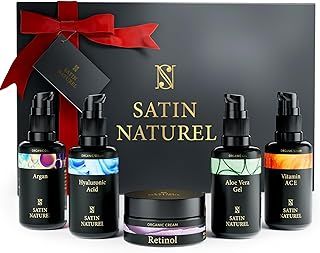 Satin Naturel Gift Set Women with Hyaluronic Acid Serum for Face + Vitamin C Serum + Aloe Vera Gel + Argan Oil + Moisturiser 5x30ml, Luxury Gifts for Women - Gift for Her - Gift Box