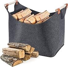 Felt Firewood Basket with Wooden Handles, Coikes 45x32x40 cm Foldable Firewood Bag Indoor Outdoor Fireplace Wood Bag Log Holder Multi-Use Felt Bags for Wood, Newspaper, Magazine, Toy, Clothes (Grey)