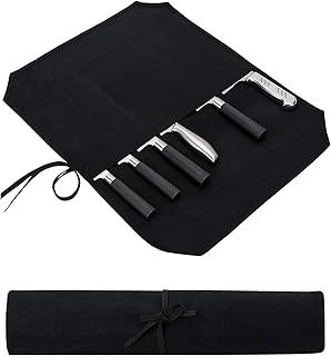 QCWN Chefs Knife Roll Bag,Waxed Canvas Knife Case Storage,Portable Chef Knife Bag,7 Slots Knife Cutlery Tool Roll Case for Camping Hiking,Heavy Duty Knife Bags Gifts for Chefs Men(Black)