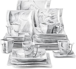 MALACASA Dinner Sets for 6 People, 30-Piece Porcelain Square Plate and Bowls Set Marble Grey Dinnerware Set Tableware with Dinner Plates/Dessert Plates/Soup Plates/Cups and Saucers, Series Flora
