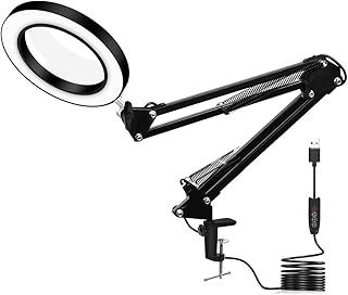 LED Magnifying Lamp,Adjustable 10X Magnifier Desk Lamp with 3 Colors 4.13" Diameter Glass USB Magnifying Lamp with Adjustable Swivel Arm for Reading/Office/Workbench. (Black)