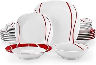 MALACASA 24-Piece Red Stripes Porcelain Plates and Bowls Set for 6 People, Ceramic Christmas Dinner Sets, Elegant Crockery Set Dinner Service, Microwave Dishwasher Safe, Series Felisa