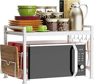EKNITEY Extendable Microwave Oven Rack - Adjustable Kitchen Counter Shelf, 2 Tier Microwave Stand (L15.7~23.6" xW12.8 xH17.7) with 6 Hooks for Kitchen Countertop Organizer (White)