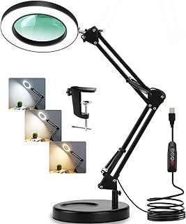 Veemagni 10X Magnifying Glass with Light and Stand, 2-in-1 Real Glass Magnifying Desk Lamp & Clamp, 3 Color Modes Stepless Dimmable LED Lighted Magnifier with Light for Hobby Crafts Repair Close Works