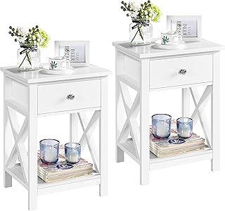 Yaheetech White Bedside Table Set of 2, X Shaped Cabinet with Drawer and Open Shelf Narrow Wooden Nightstand Storage Unit for Bedroom Small Side Table for Living Room, 40x30x55cm
