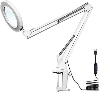 LED Magnifying Lamp, Adjustable 10X Magnifier Desk Lamp with 3 Colors 4.13" Diameter Glass USB Magnifying Lamp with Adjustable Swivel Arm (White)