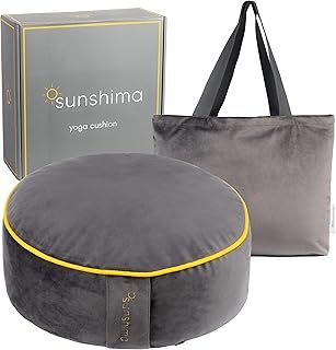 Sunshima Yoga Meditation Cushion – Zafu Yoga Pillow, Round Buckwheat and Lavender Floor Cushion in Luxurious Velvet Fabric with Beautiful Golden Trim, Gift Box and Tote Carry Bag