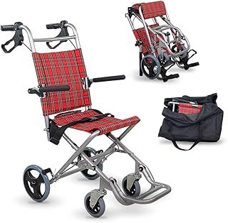 Mobiclinic, Neptuno, Wheelchair, Folding Transport Wheelchair for Adults and Handicapped, Ergonomic Seat and Backrest, Footrest and Armrests, Safety Belt, Lightweight, Aluminium, Red Plaid