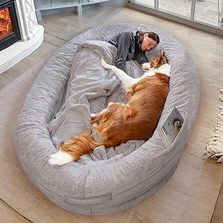 ODOXIA Human Dog Bed for Adults & Furry Friends | Warm & Comfortable Human Sized Dog Bed | Giant Bean Bag Dog Bed for Humans & Pets | Light Grey | Detachable Cover & Blanket Included