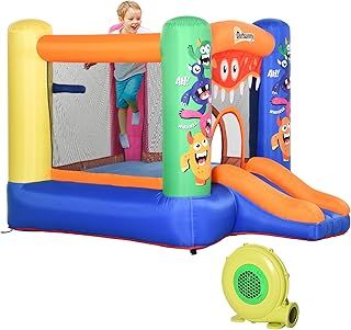 Outsunny 3-in-1 Kids Bouncy Castle with Slide Trampoline Basket, Inflatable Bounce House with Blower for Kids Age 3-8 Monster Design 2.5 x 1.8 x 1.75m