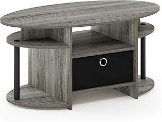 Furinno JAYA Simple Design Oval Coffee Table with Bin, French Oak/Black/Black
