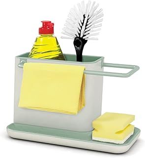Joseph Joseph Caddy Kitchen Sink Area Organiser with Sponge Holder and Cloth Hanger - Stone/Sage