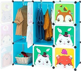 BRIAN & DANY Cartoon Clothes Closet Wardrobe Storage Organizer, 7 Cubes & 1 Hanging Section, Blue