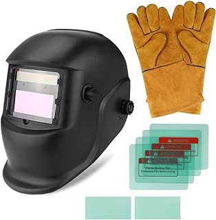Welding Helmet Auto Darkening Solar Powered Welder Helmet with 6 Replacement Lens + Welding Gloves, Adjustable Shade 4/9-13 for TIG MIG ARC Weld Grinding, Welding Mask Hood Helmet
