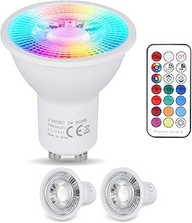YAYZA! GU10 RGB LED Bulbs 5W, 240V AC Dimmable Spot Lights, Colour Changing Spotlights with Cool White 6000K, Energy Saving Coloured Bulbs 40 Watt Equivalent, Remote Control, 12 Colors, Timing, 2 Pack