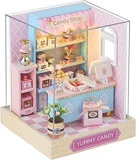 DIY Miniature Doll House Kits, DIY House Kit with Dust Cover, 3D Wooden Dollhouse Kits to Build for Teens Adults Birthday Gift (Candy)