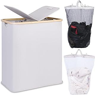 efluky 140L Laundry Baskets with Lid 2 Compartments, Large Laundry Hamper for Laundry, Double Laundry Basket Laundry Storage with 2 Removable Laundry Bags, Light Grey