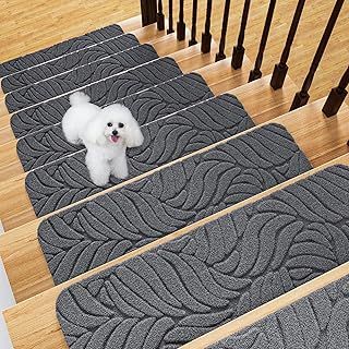 Stair Treads Non Slip for Wooden Steps, 20.3 x 76 cm (15-Pack) Stair Runner Carpet Treads Indoor with Reusable Adhesive, Stairslide Carpets Rugs Safety Mats for Elders, Kids & Dogs, Grey