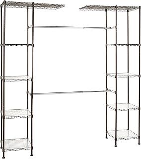 Amazon Basics Expandable Wardrobe and Closet Organiser / Rail with 10 Height-Adjustable Shelves - 521 kg Max Weight, 35.5 x 145 to 203 x 183 cm, Bronze