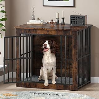 Large Dog Crate Furniture, Wooden Dog Cage with Double Doors, Heavy Duty Indoor Dog Kennel with Plush Mat for Small Medium Dogs, End Side Table, 80.5x59x71.5 cm, Rustic Brown