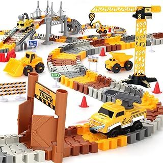 Construction Race Tracks Set, Flexible Train Tracks w/ 2 Electric Construction Race Vehicles w/Lights, STEM Engineering Race Track Toys with Dump Truck, Crane Assort Acessories for Boys Girls