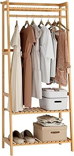 FOREHILL Clothes Stand Garment Rack Bamboo Open Wardrobe with 3-tier Storage Shelves Clothes Hanging Tidy Rail Shoe Rack for Clothes Hats Bags 164x70x42cm