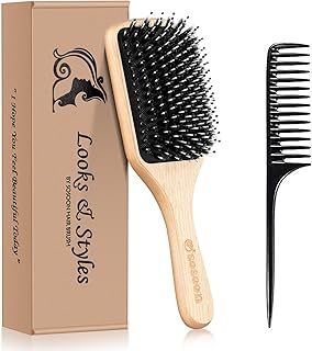 Hair Brush, Sosoon Boar Bristle Paddle Hairbrush for Long Thick Curly Wavy Dry or Damaged Hair, Reducing Hair Breakage and Frizzy No More Tangle, Giftbox & Hair Comb Included