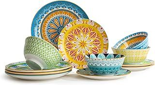 Dinnerware Set Plates Bowls Sets - 12 Piece Ceramic Dinner Set - Modern Kitchen Dish Set - Colorful Decorative Dishware Set - Ideal for Housewarming Gift - Microwave Dishwasher Safe - Service for 4