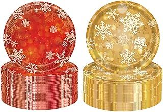 64P Gold and Red Christmas Plates, 7 Inch Red Snowflake Disposable Paper Plates for Birthday Parties, BBQs & Picnics
