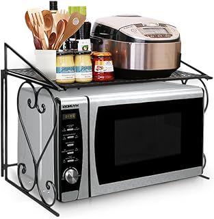 P&B Stable Microwave Shelf Stand Metal Microwave Oven Rack Single Layer Kitchen Storage Organiser Countertop Space Saver for Small Kitchen Bathroom (Black)