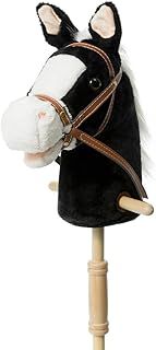 HollyHOME Stick Horse with Wood Wheels Real Pony Neighing and Galloping Sounds Plush Hobby Horse Toy, 91cm, Black (AA Batteries Required)