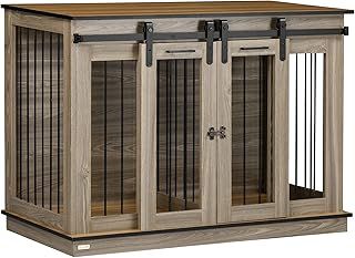 PawHut Dog Crate Furniture for Large Dog, Double Dog Cage for Small Dogs with Divider, Sliding Doors - Oak Tone