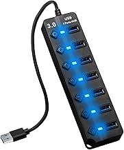 7 Ports USB 3.0 Hub 5Gbps Powered USB Hub with Individual Power Switches and LED Lights USB Hub Multiport Adapter for PC, Laptop, Printer, Xbox, High-Speed USB Port Splitter Plug USB Extension Hub