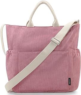 Prite Corduroy Tote Bag for Women with Zipper, Large Capacity Shoulder Bags with Adjustable Strap and Pockets Waterproof Handbag for Work School Shopping Travel College