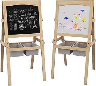 AIYAPLAY Kids Easel with Paper Roll, 3 in 1 Art Easel for Toddlers, Double-Sided Kids Whiteboard Blackboard with Storage Baskets for Ages 3-6 Years - Natural Wood Finish