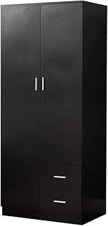 Tall Wooden 2 Door Wardrobe With 2 Drawers Bedroom Storage Units With Hanging Bar Clothes (Black)