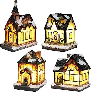 Christmas Village Houses Battery Operated, Christmas Village Sets Electric Ornaments Buildings Light Up Scene Christmas Decorations Led Snow Cover