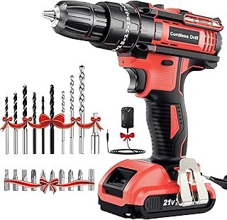 Cordless Drill Driver 21V, Cordless Hammer Drill with Battery 2000mAh, 25+3 Torque, 42N.m Max, 2 Speed, LED Light 22PCS Accessories for Home and Garden DIY Project