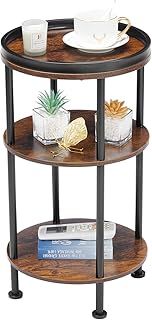 YEAKOO Nordic End Table, 3-Tier 30cm Round Side Table with Storage Shelf Edge Protection Tray, Sturdy Metal Frame Coffee Table Bedside Table for Living Room Bedroom Small Spaces-Rustic Brown