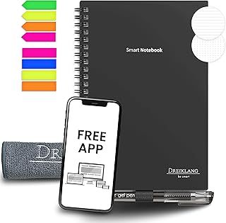Dreiklang - be smart® Reusable digital Notebook Fusion Planer Notepad A5 Black, Wirebound, to do List, dotted and lined Paper with Erasable Pen, Cloth, Sticker and free App - Reduce Paper Waste