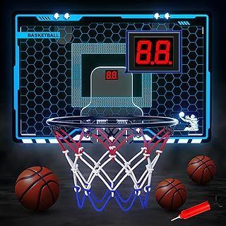 Hot Bee Basketball Hoop Indoor for Kids, Mini Basketball Hoop for Bedroom Door, Basketball Gifts Boys Age 9-13, with 3 Balls Electronic Scoreboard Net Lights