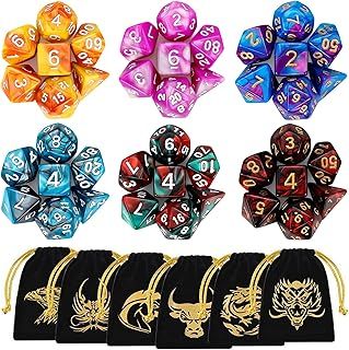 DND Dice, QMAY 6 x 7 Set Polyhedral Double-Color Dice Sets with 6 Gold Pattern Drawstring Pouches for Dungeon and Dragons MTG Table Games RPG DND D20 D12 D10 D% D8 D6 D4