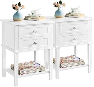 Yaheetech 2pcs Bedside Tables, Wooden Nightstand Cabinet with 2 Drawers and Open Storage Shelf, Modern Sofa Side End Table for Bedroom/Living Room/Small Space, 35x45x61cm, White