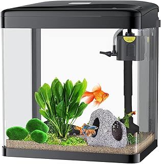 15L Fish Tank with Filter and Light, Rectangular Aquarium Tank with LED Light, Tray Filter System, Curved Glass Front (Black Tank)