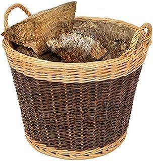 Woodluv 100% Organic Unpeeled Full Wicker Handmade Two Tone Round Willow Log Basket with Rustic Jute Liner Heavy Duty, Xtra Large - Natural & Dark Green