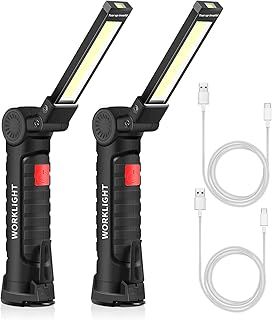 Rechargeable Work Light, Father's Day Gift LED Torch Portable Inspection Lamps 360° Rotate Flashlight with Magnetic Base and Hook 5 Modes Camping Light for Garage,Workshop (2 Pack, Small)