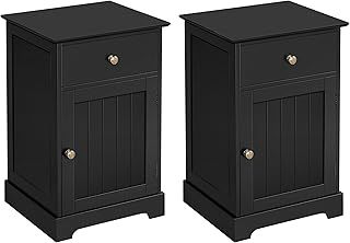 Yaheetech Bedside Table Set of 2PCs with Slatted Door, Wooden Nightstand Black Bedside Cabinets End Tables with Drawer & Cupboard for Bedroom Living Room, 40x35x60cm